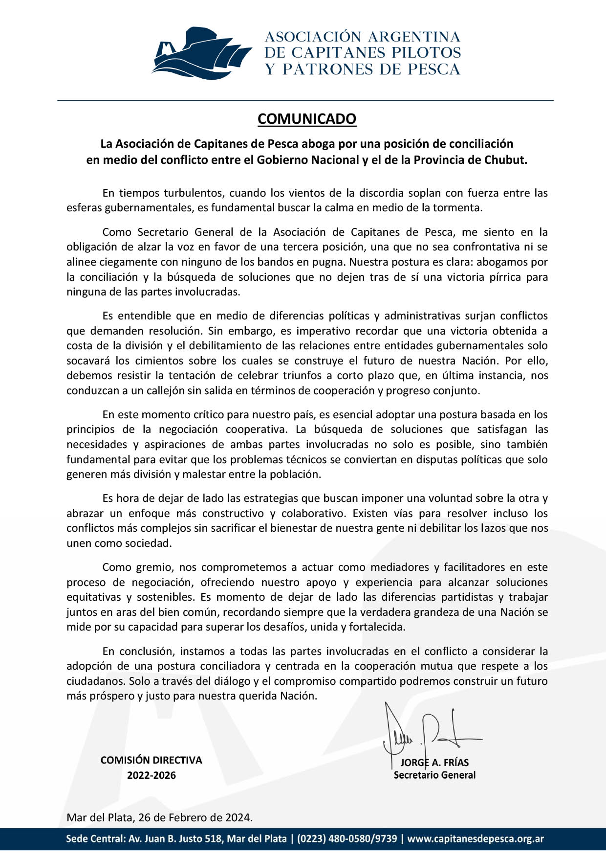 COMUNICADO. La Asociacin de Capitanes de Pesca aboga por una posicin de conciliacin en medio del conflicto entre el Gobierno Nacional y el de la Provincia de Chubut