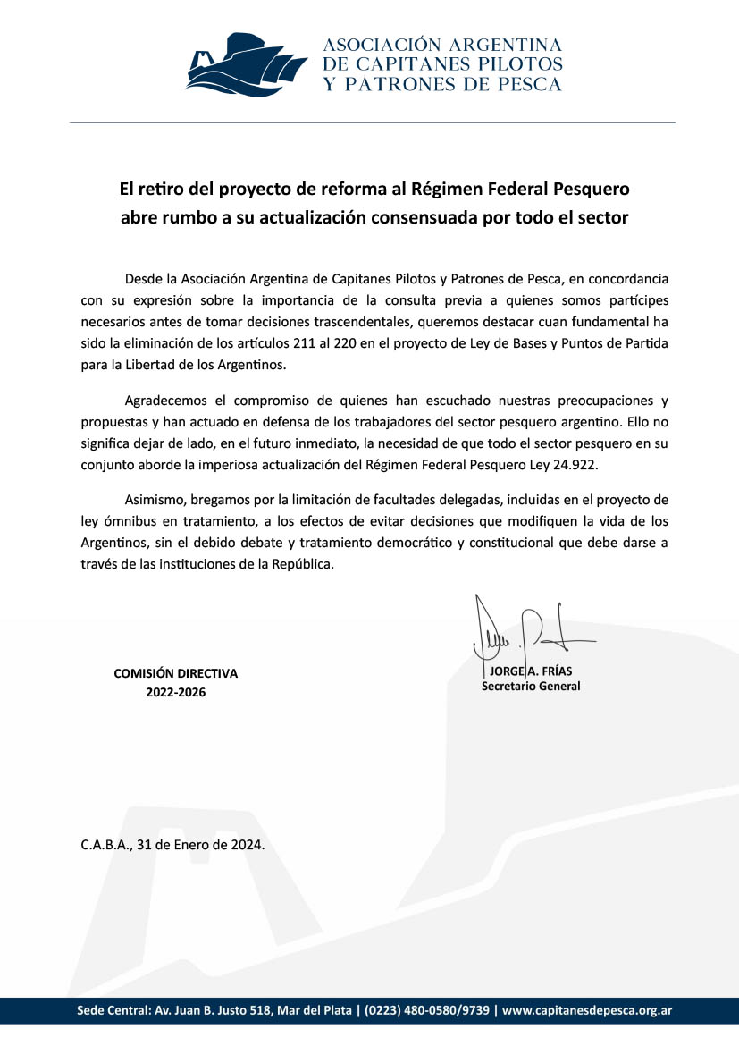 El retiro del proyecto de reforma al Rgimen Federal Pesquero abre rumbo a su actualizacin consensuada por todo el sector